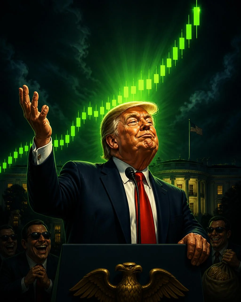 Editorial parody of Donald Trump at a White House podium with a green crypto candle chart rising behind him.