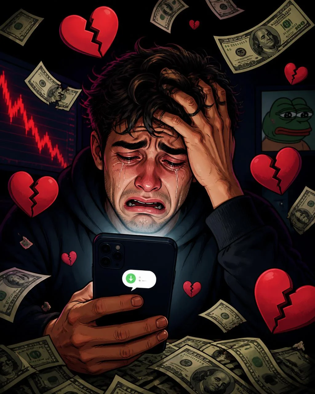 Editorial parody of a heartbroken crypto trader staring at a phone surrounded by broken hearts and dollar bills.