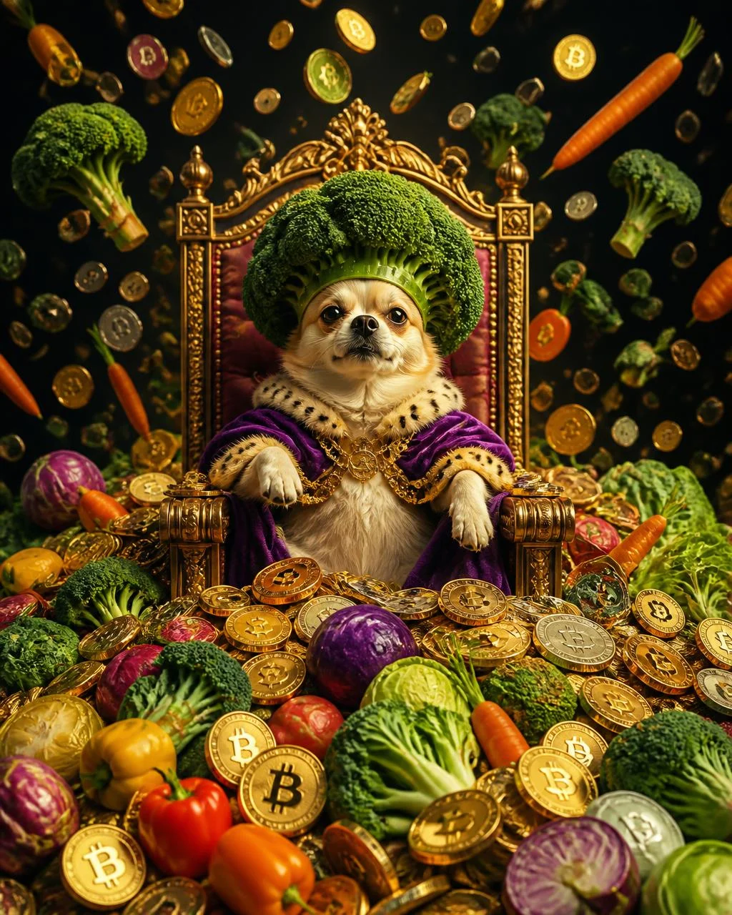 Editorial parody of a small dog wearing a broccoli crown on a throne surrounded by cryptocurrency coins and vegetables.