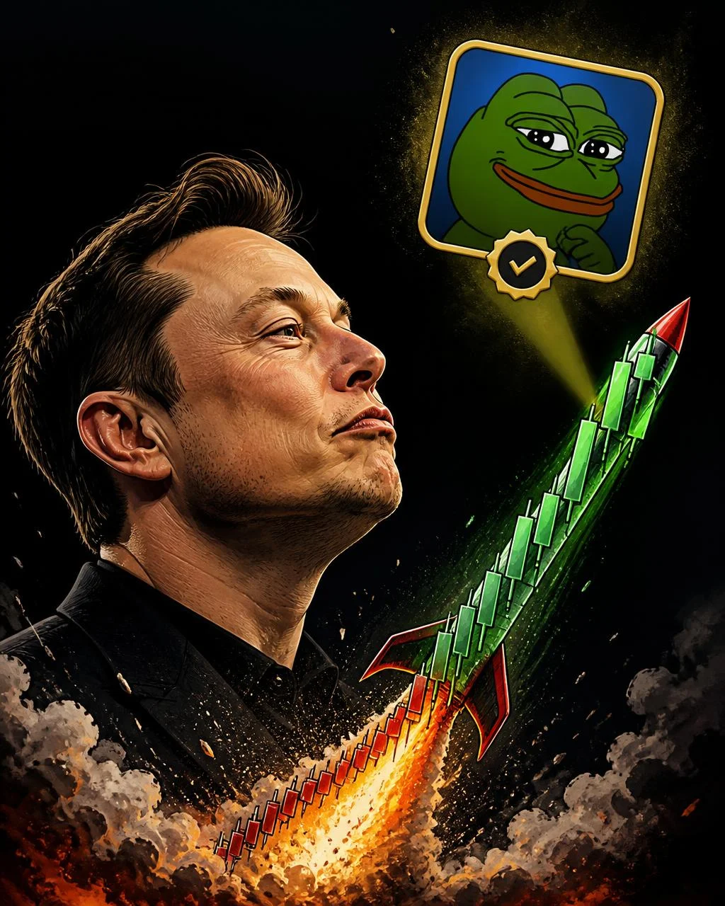 Editorial parody of Elon Musk with a meme frog display name badge hovering over a rocket-shaped green candle chart.